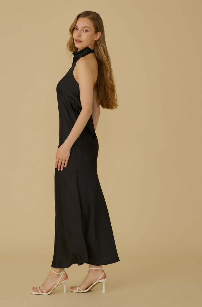 Dolly halter silky maxi gown in black