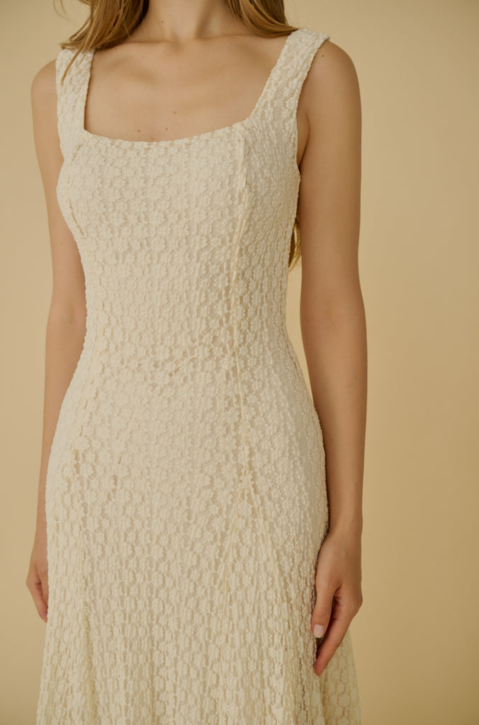 Square neck elastic floral lace dress