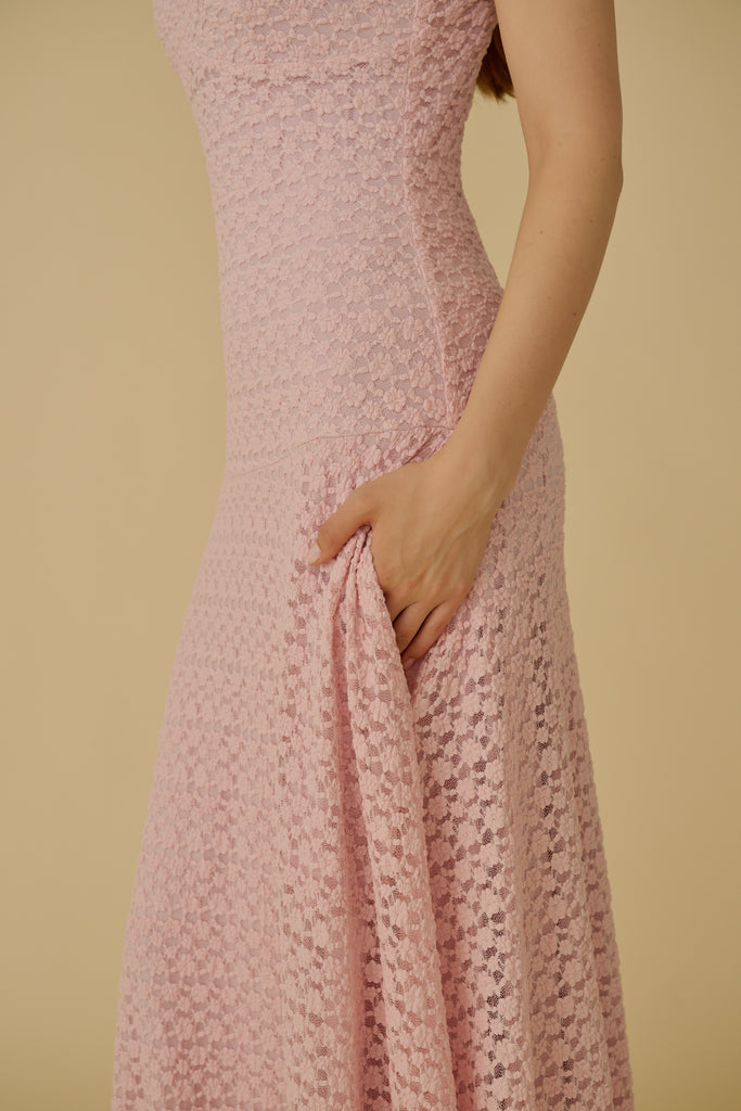 Special made floral elastic lace maxi dress in pink