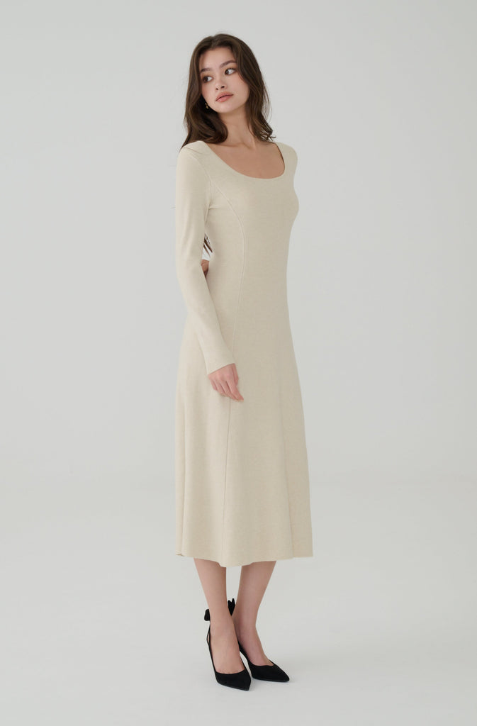 Queen vibe square neck knit dress in Beige