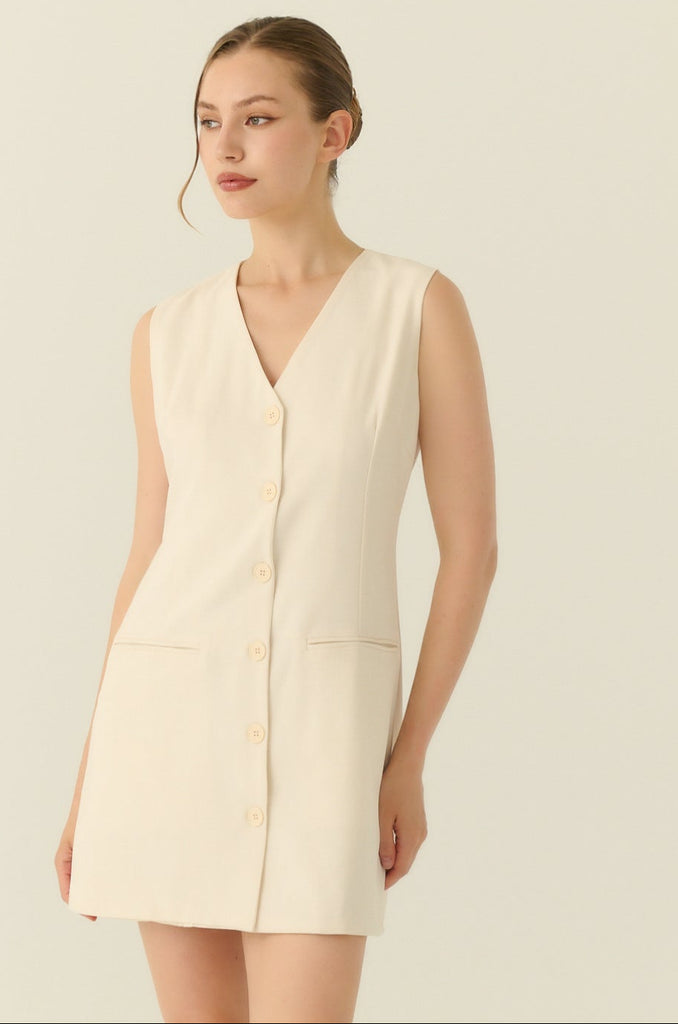 The parisian button down shift dress in beige