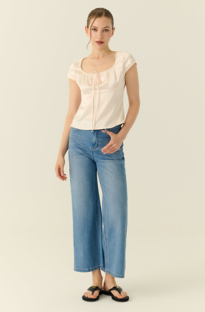 Square neck silk top in beige