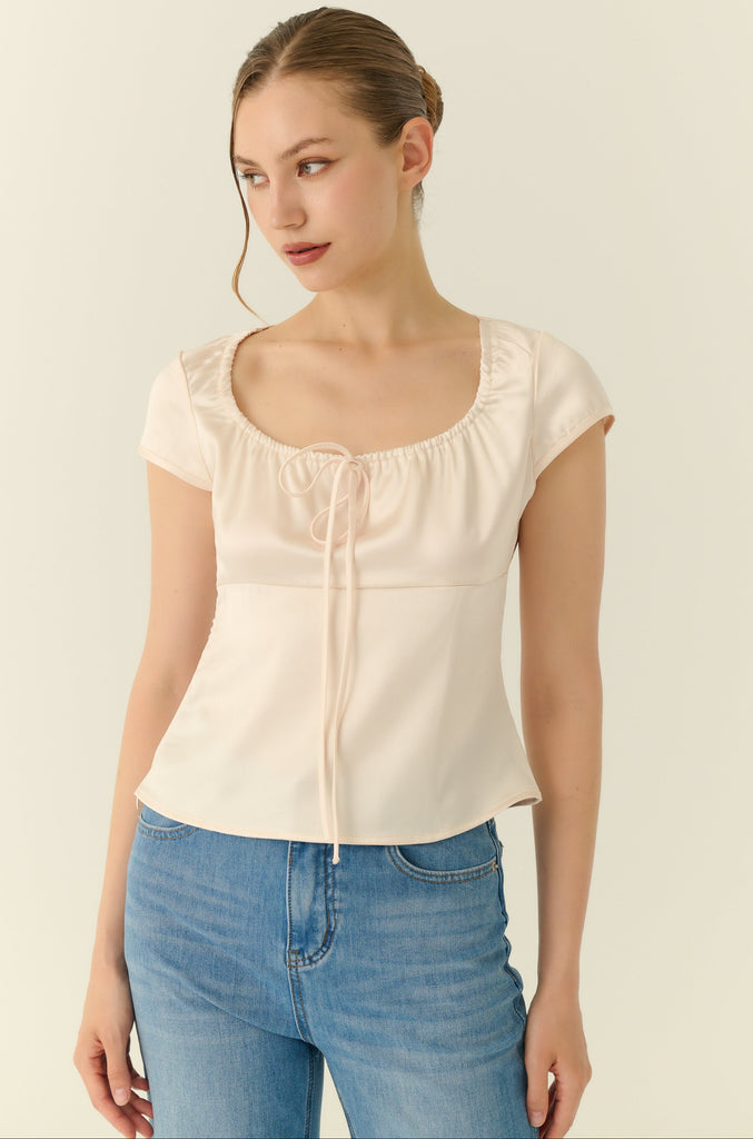 Square neck silk top in beige
