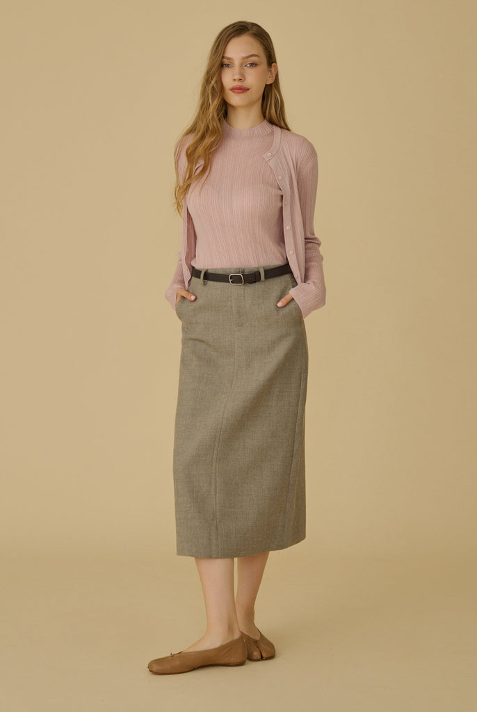 Finest look wool blend midi skirt with belt in beige