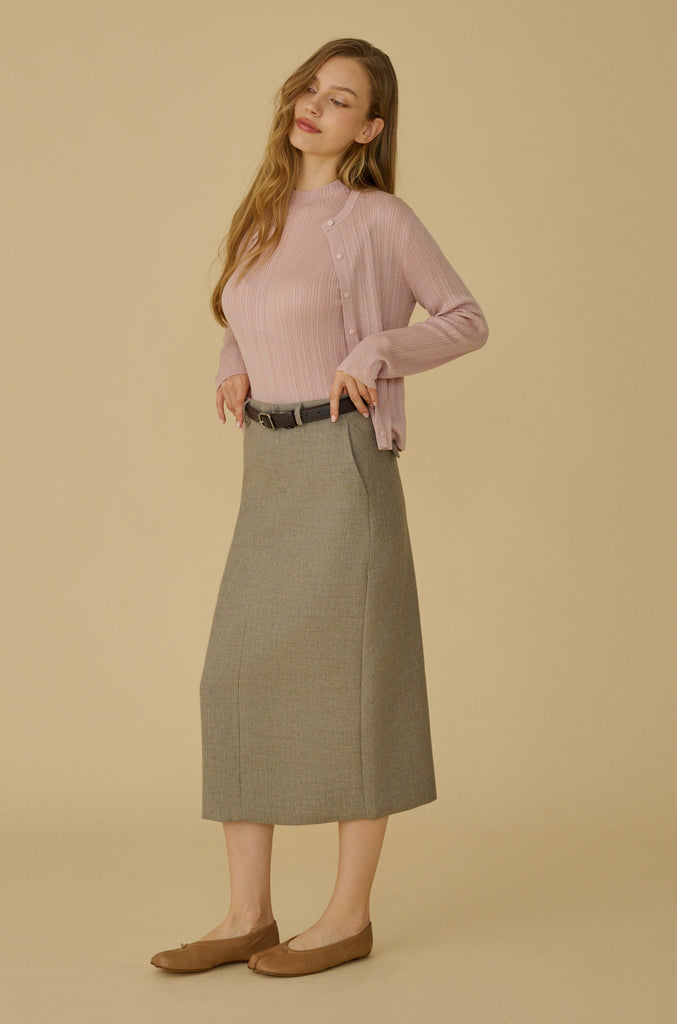 Finest look wool blend midi skirt with belt in beige