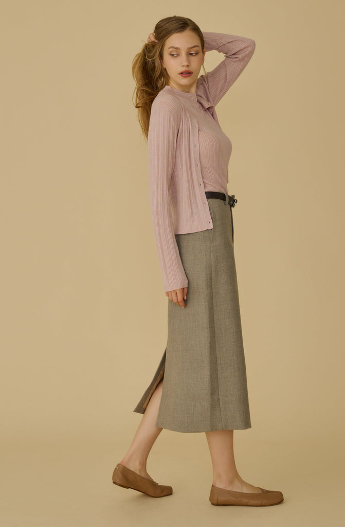Finest look wool blend midi skirt with belt in beige