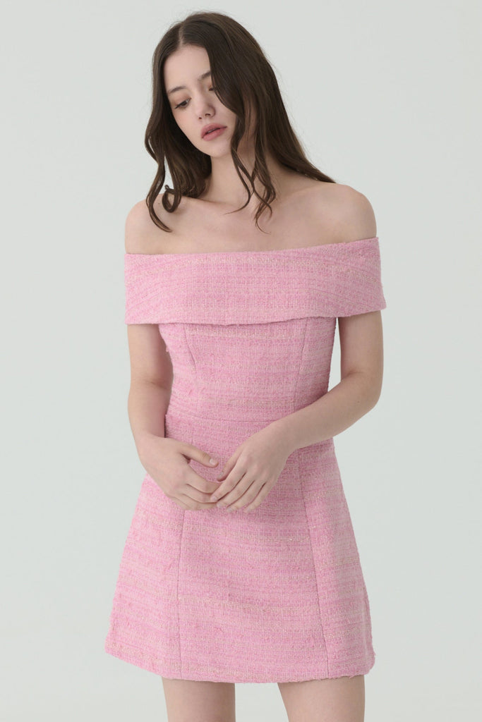 Must have fun off shoulder tweed dress