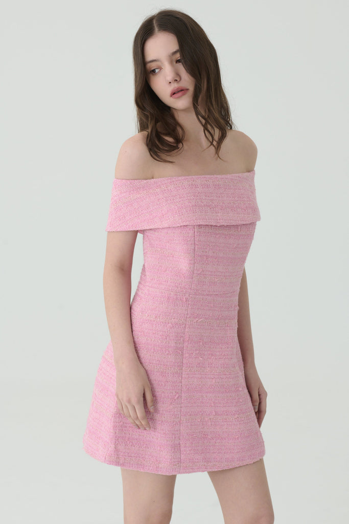 Must have fun off shoulder tweed dress