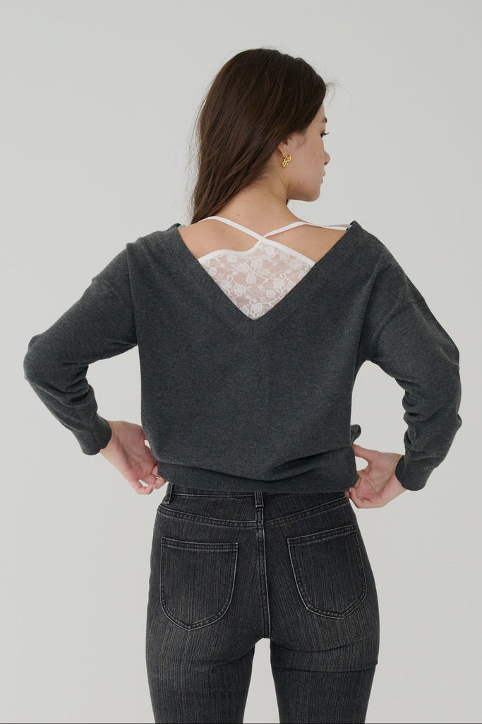 Double layered lace knit top in Black