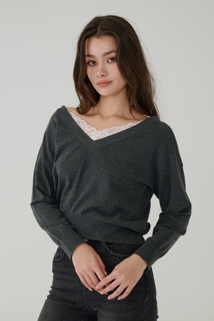 Double layered lace knit top in Black