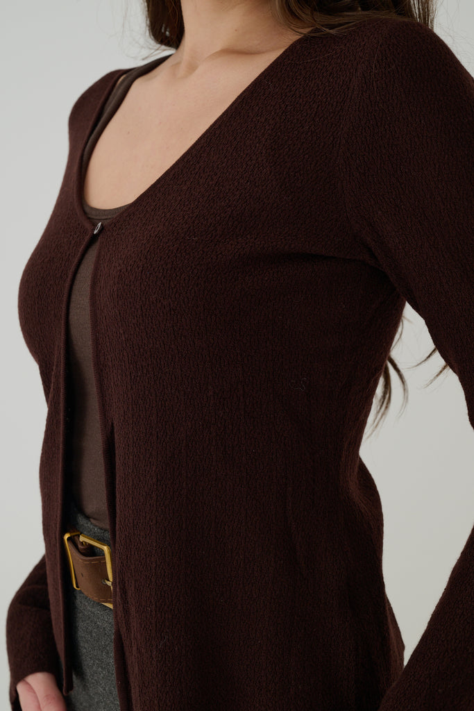 One button cardigan knit top in Brown