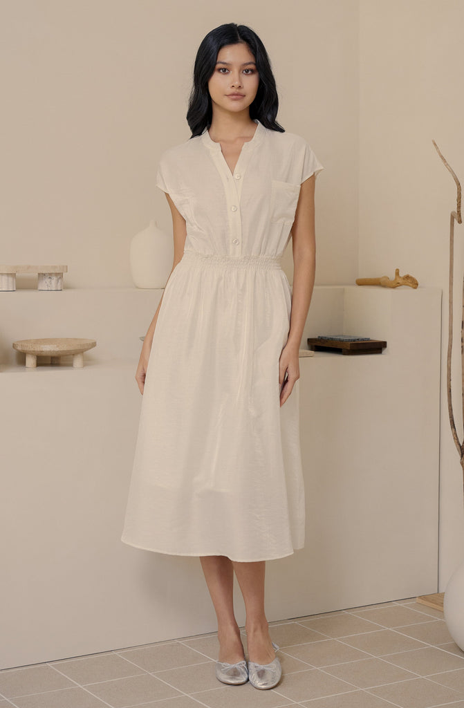 Let me fall elastic midi dress in beige