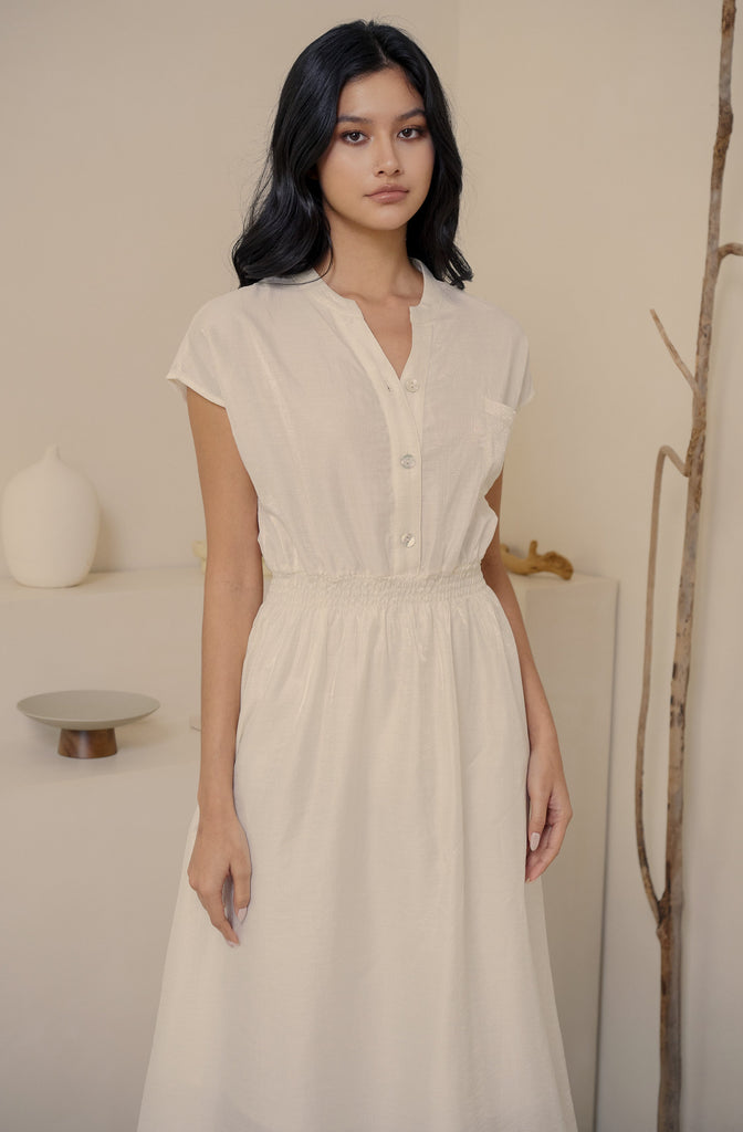 Let me fall elastic midi dress in beige