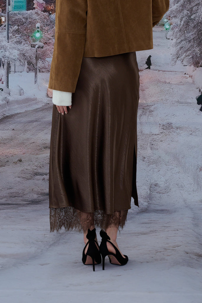 Ball gown lace layer satin skirt in black/brown