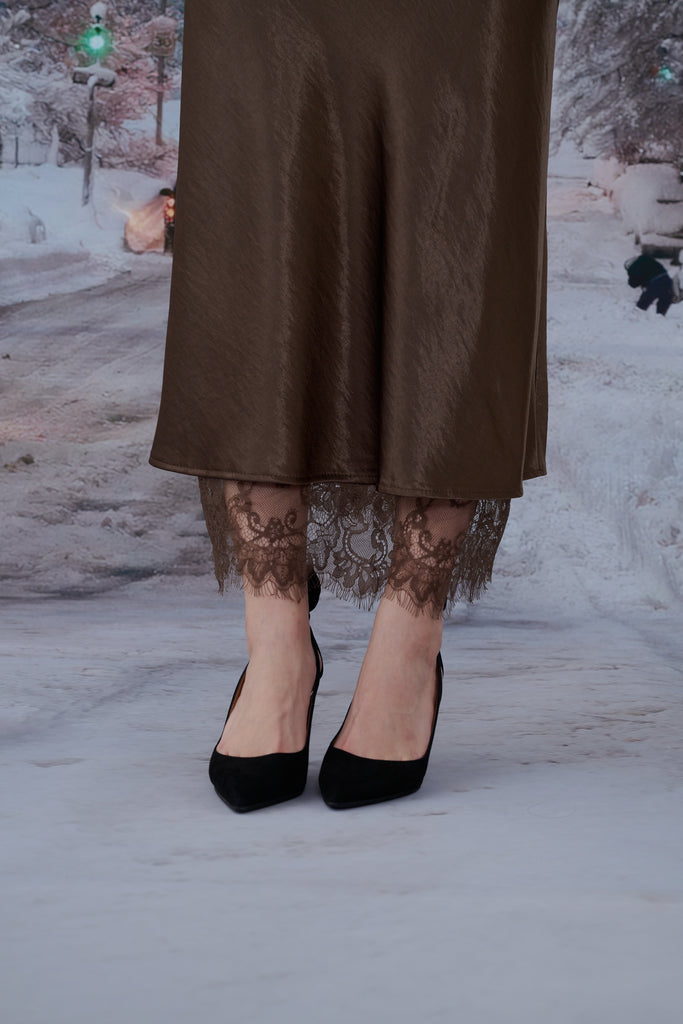 Ball gown lace layer satin skirt in black/brown