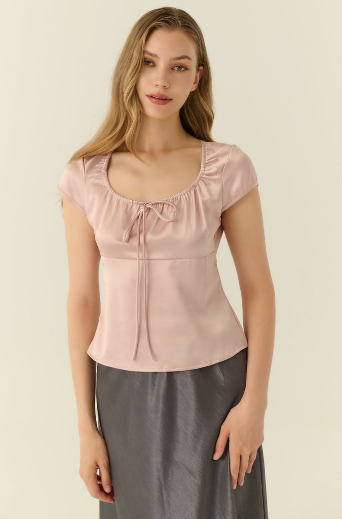 Square neck silk top in pink