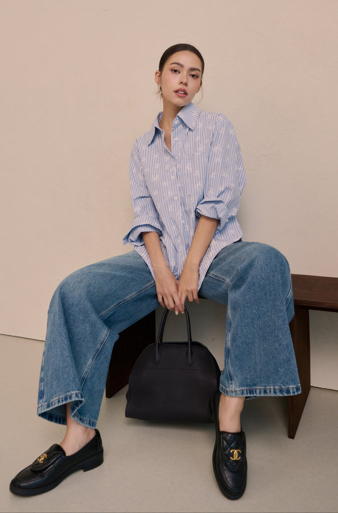 Casual daily BOW stripe shirt in blue