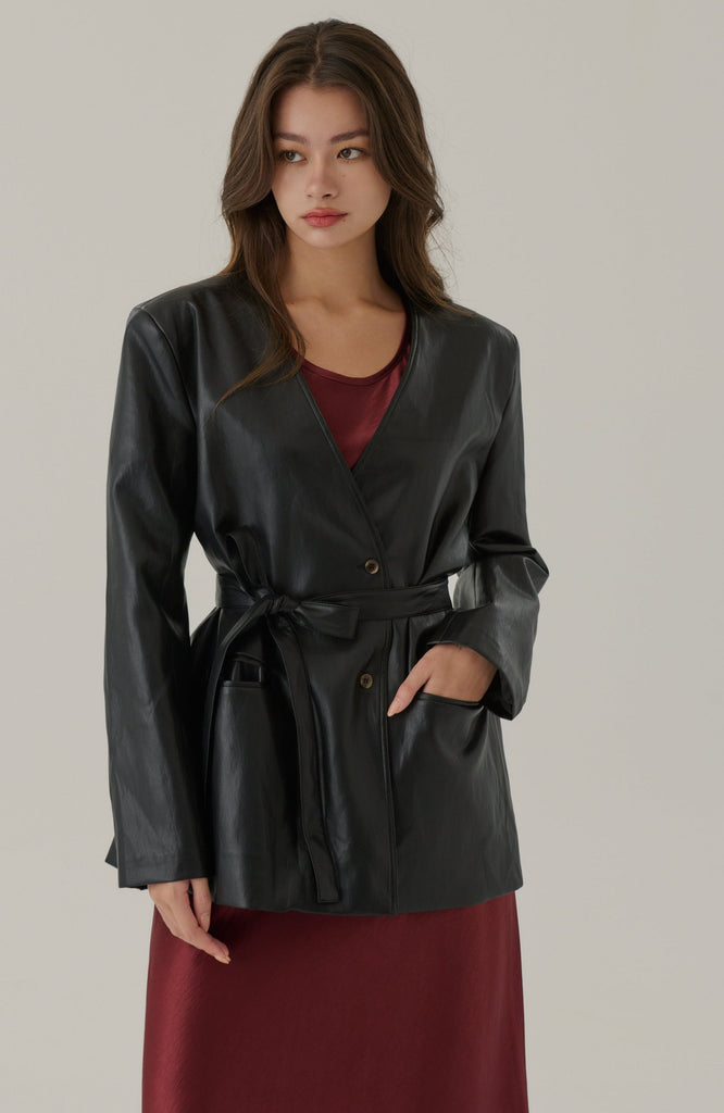 West village collarless faux leather jacket