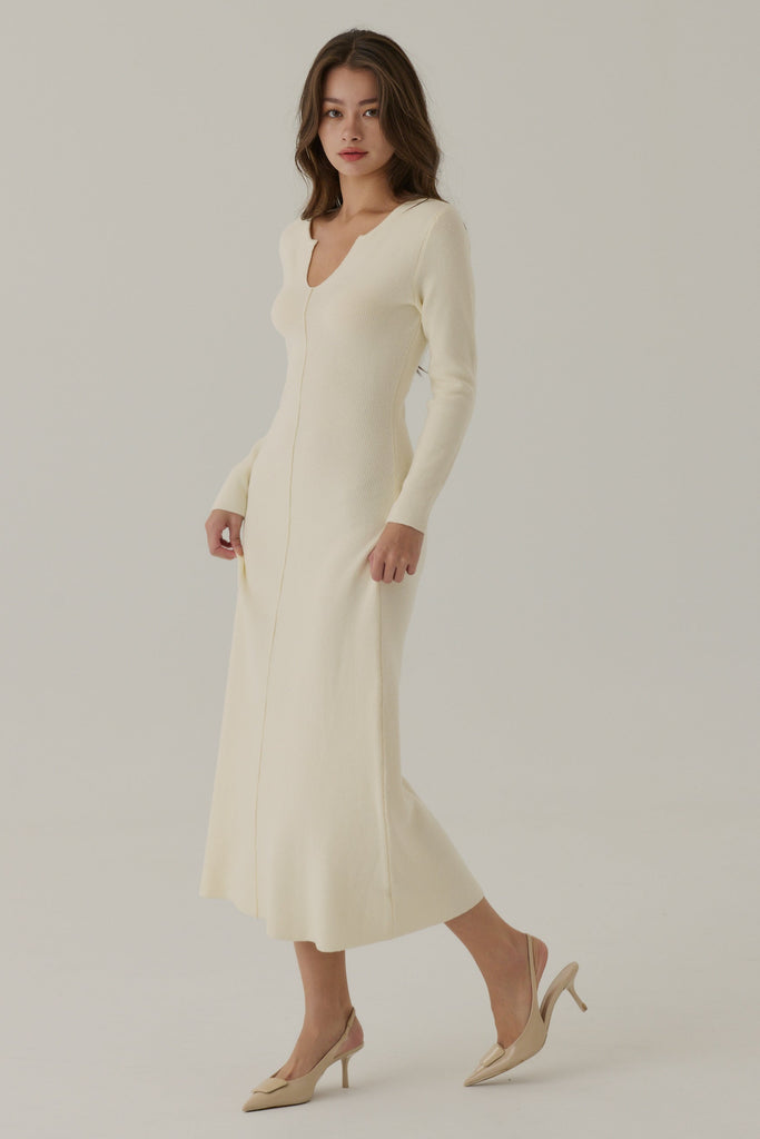 Feeling confident V neck knit dress in beige