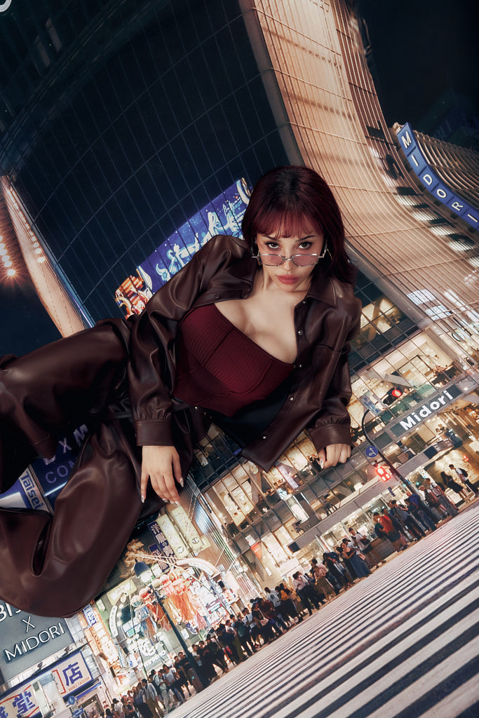 Midori x BisouBisou Urban Tan Faux Leather Shirt jacket