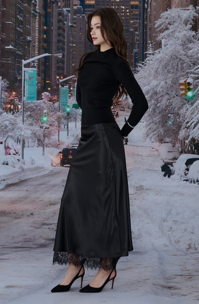 Ball gown lace layer satin skirt in black/brown