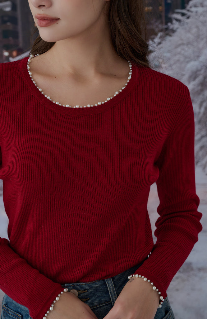 Pearl-Collar Knit Top Long Sleeves in Red