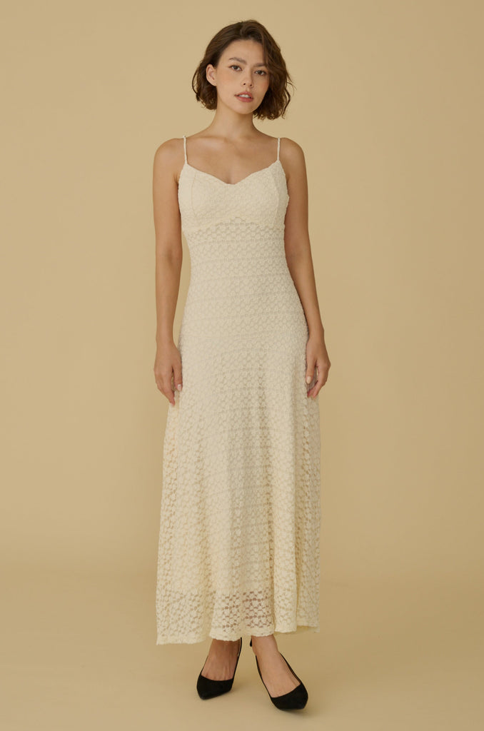 Special made floral elastic lace maxi dress in beige