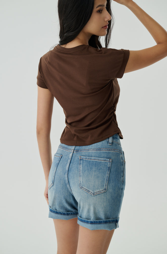 Side ruching elastic top in brown