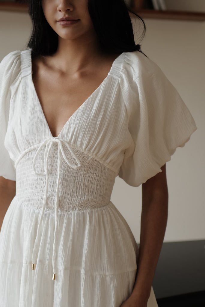 Holiday puff sleeve linen dress in white