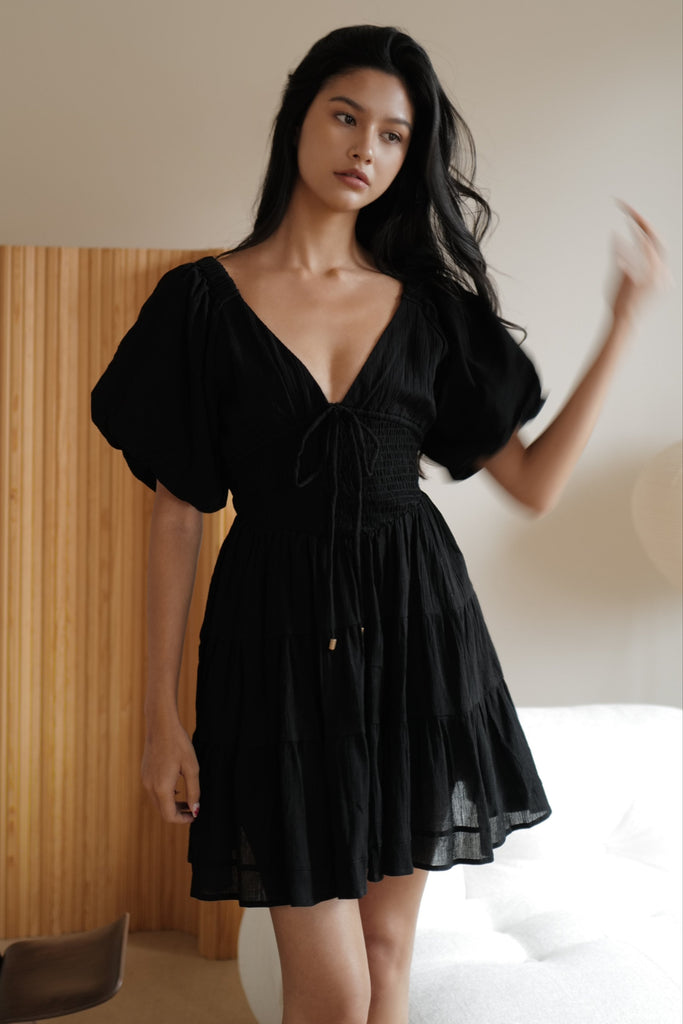 Holiday puff sleeve linen dress in black