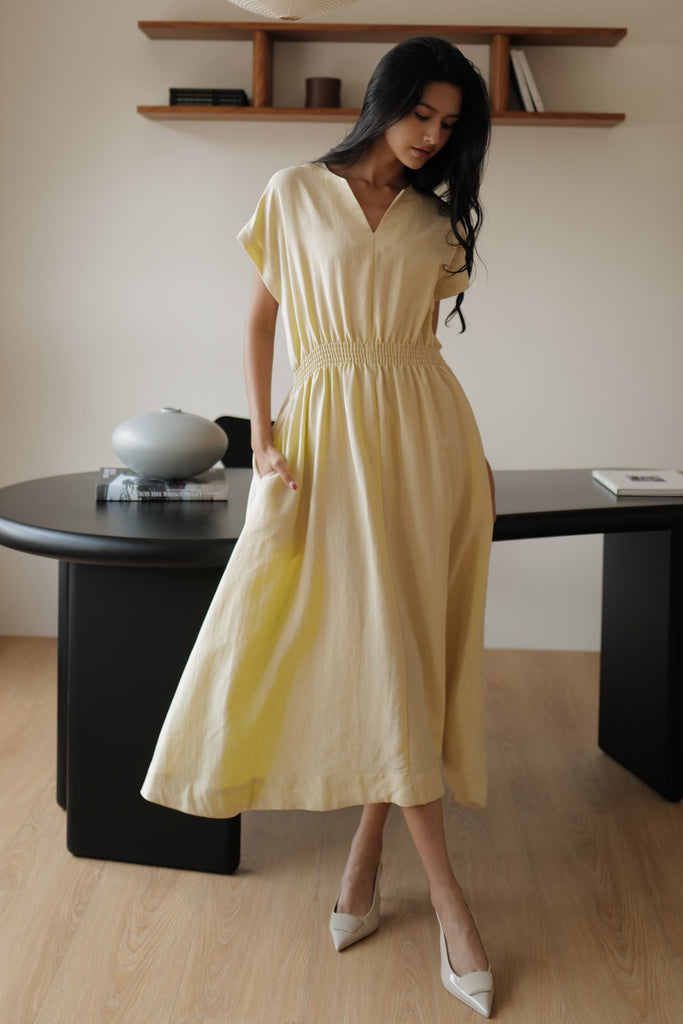Camille elastic waist linen dress in butter yellow