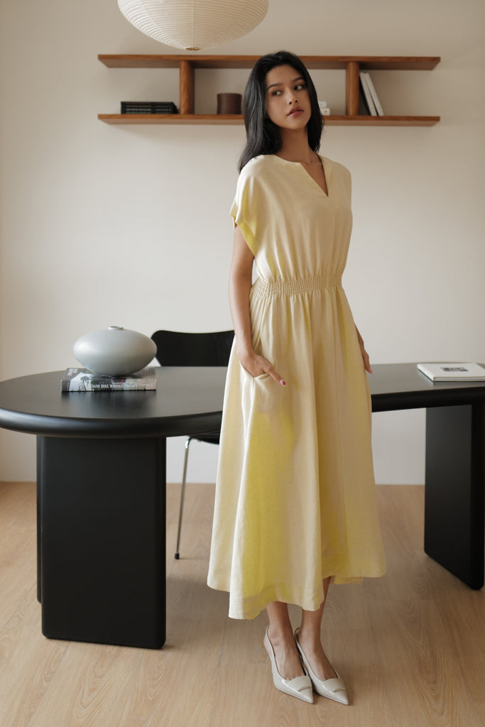 Camille elastic waist linen dress in butter yellow