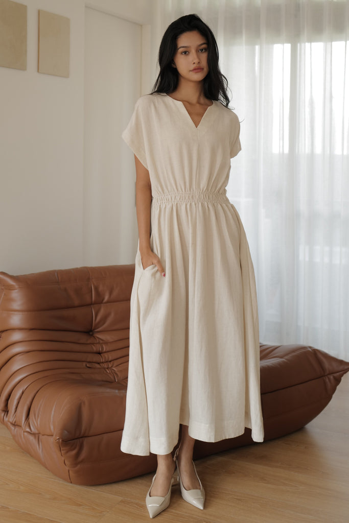 Camille elastic waist linen dress in beige