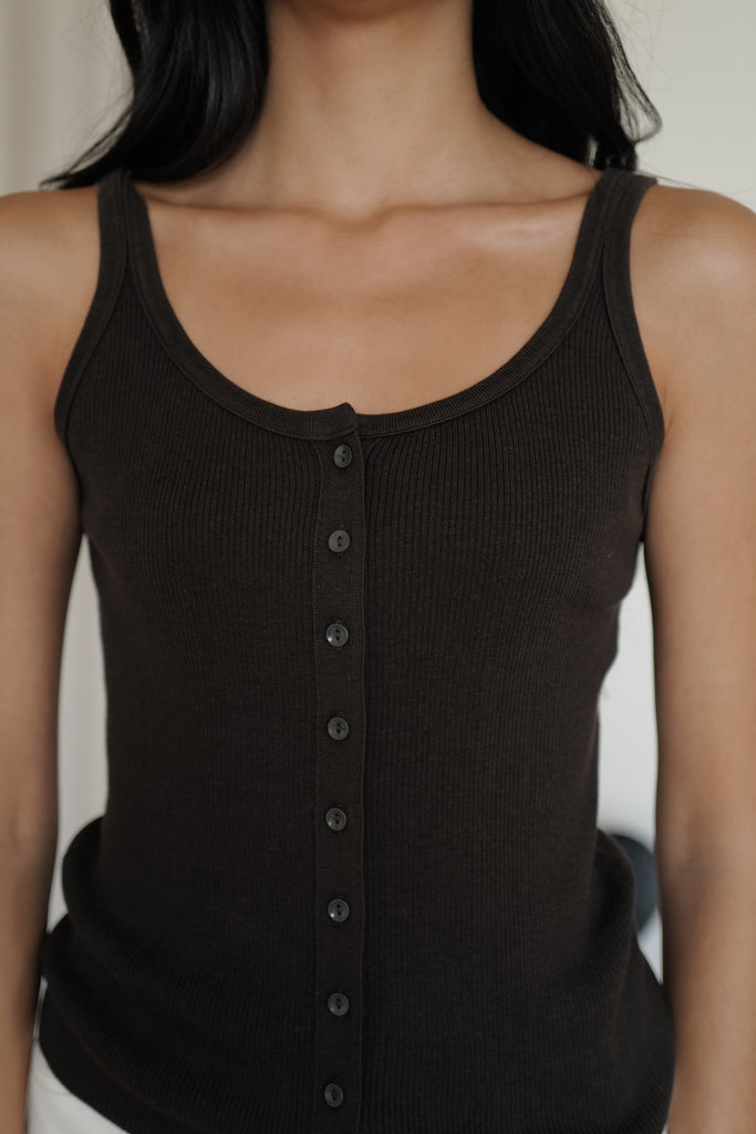 Buttoned ribbed knit tank in charcoal grey
