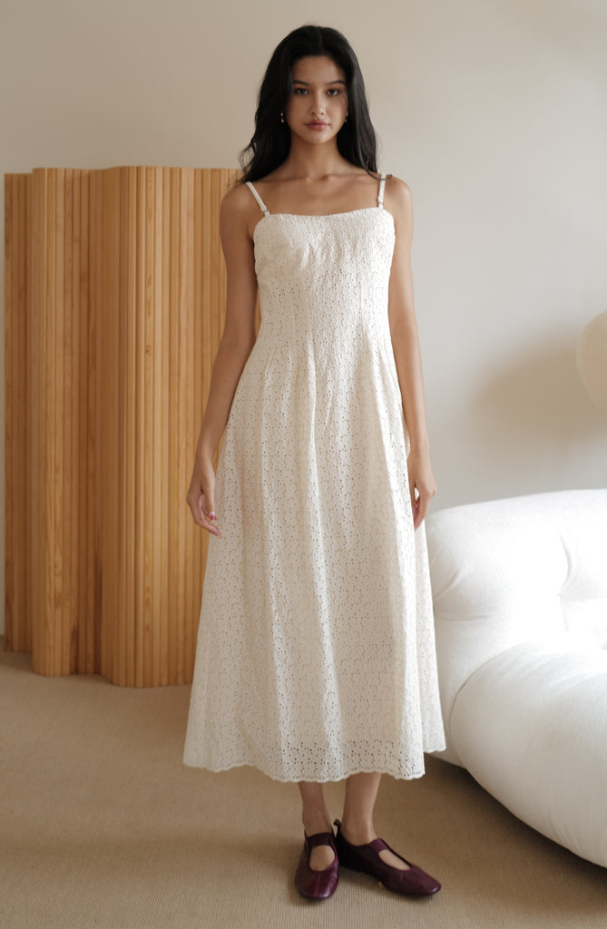 Cream floral hollow lace dress