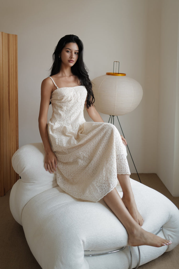 Cream floral hollow lace dress