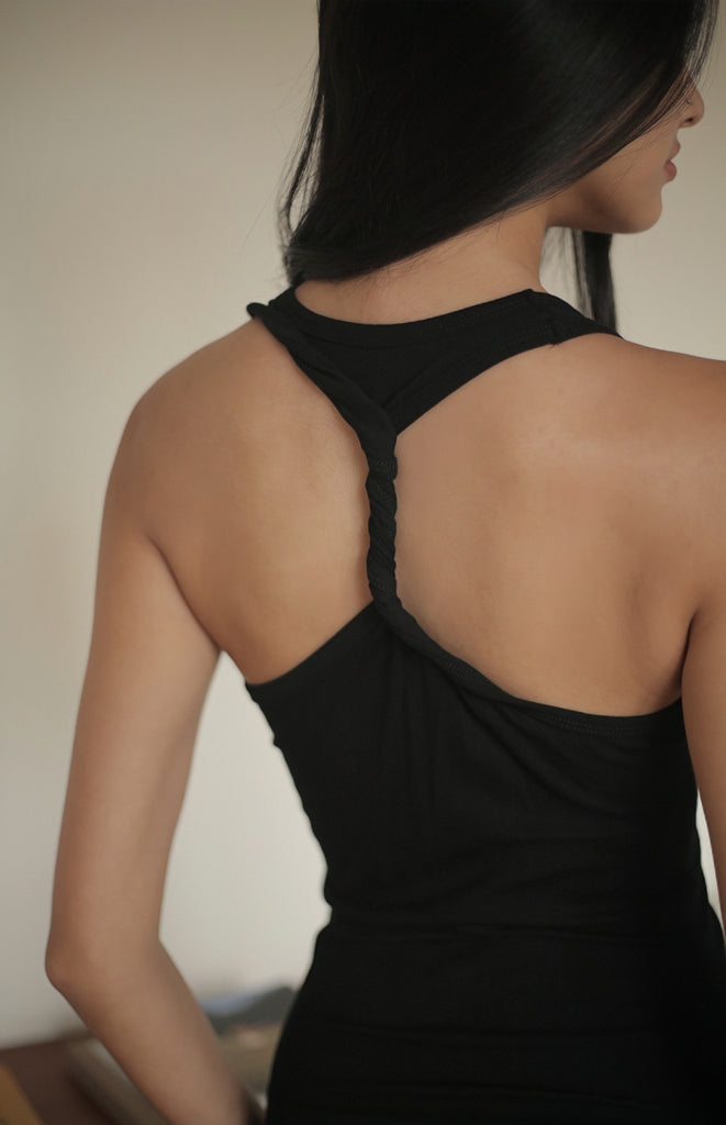 Twist back midi dress in black