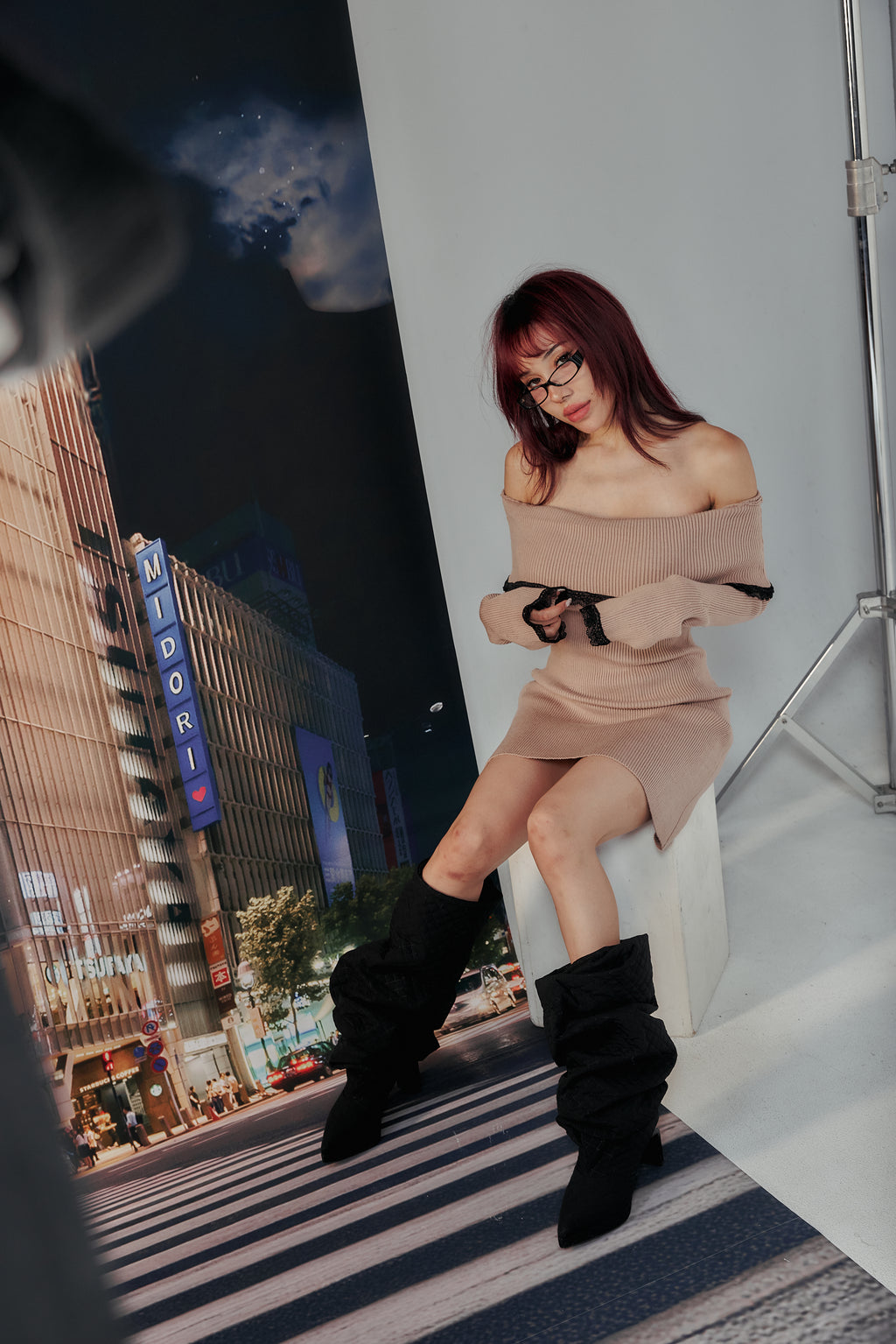 Midori x BisouBisou Velvet Love Off Shoulder Knit Dress