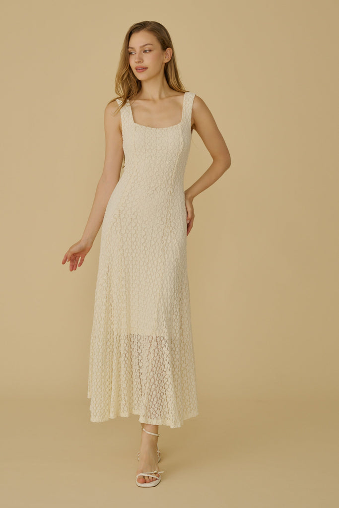 Square neck elastic floral lace dress