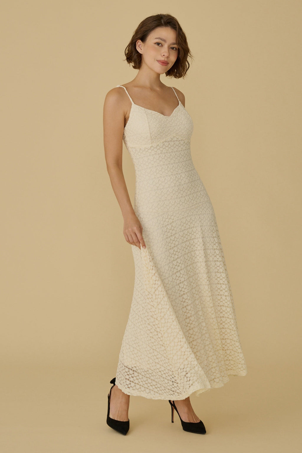 Special made floral elastic lace maxi dress in beige
