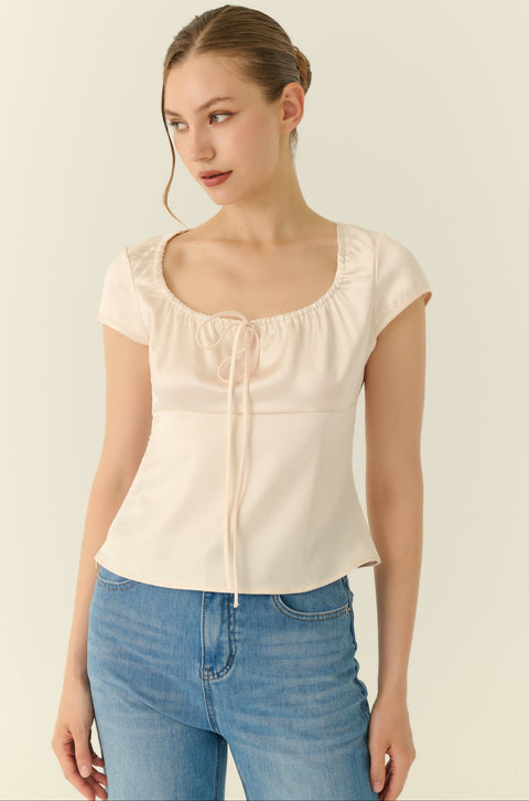 Square neck silk top in beige