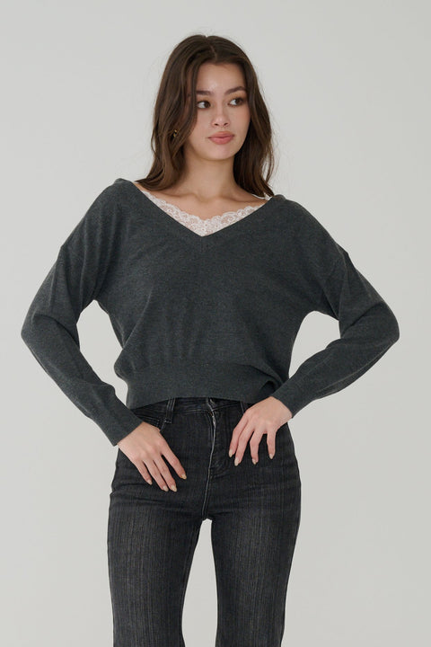 Double layered lace knit top in Black