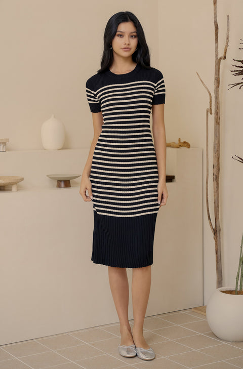 New women stripe knit dress in black