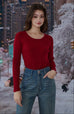Pearl-Collar Knit Top Long Sleeves in Red
