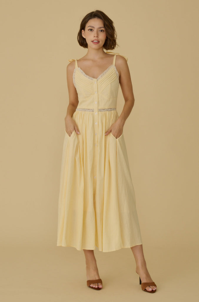 Detailed raffles lace trim maxi dress in yellow