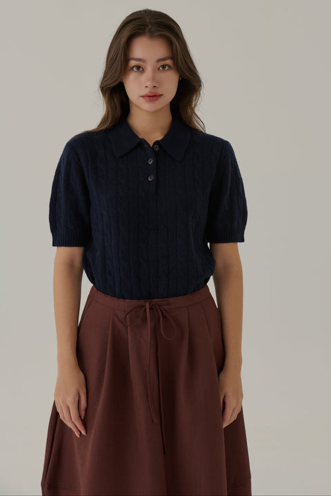 Vintage knit 100% wool polo top in Navy /Baby Blue
