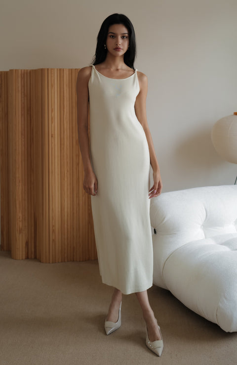 Don't leave twisty cooling knit dress in beige
